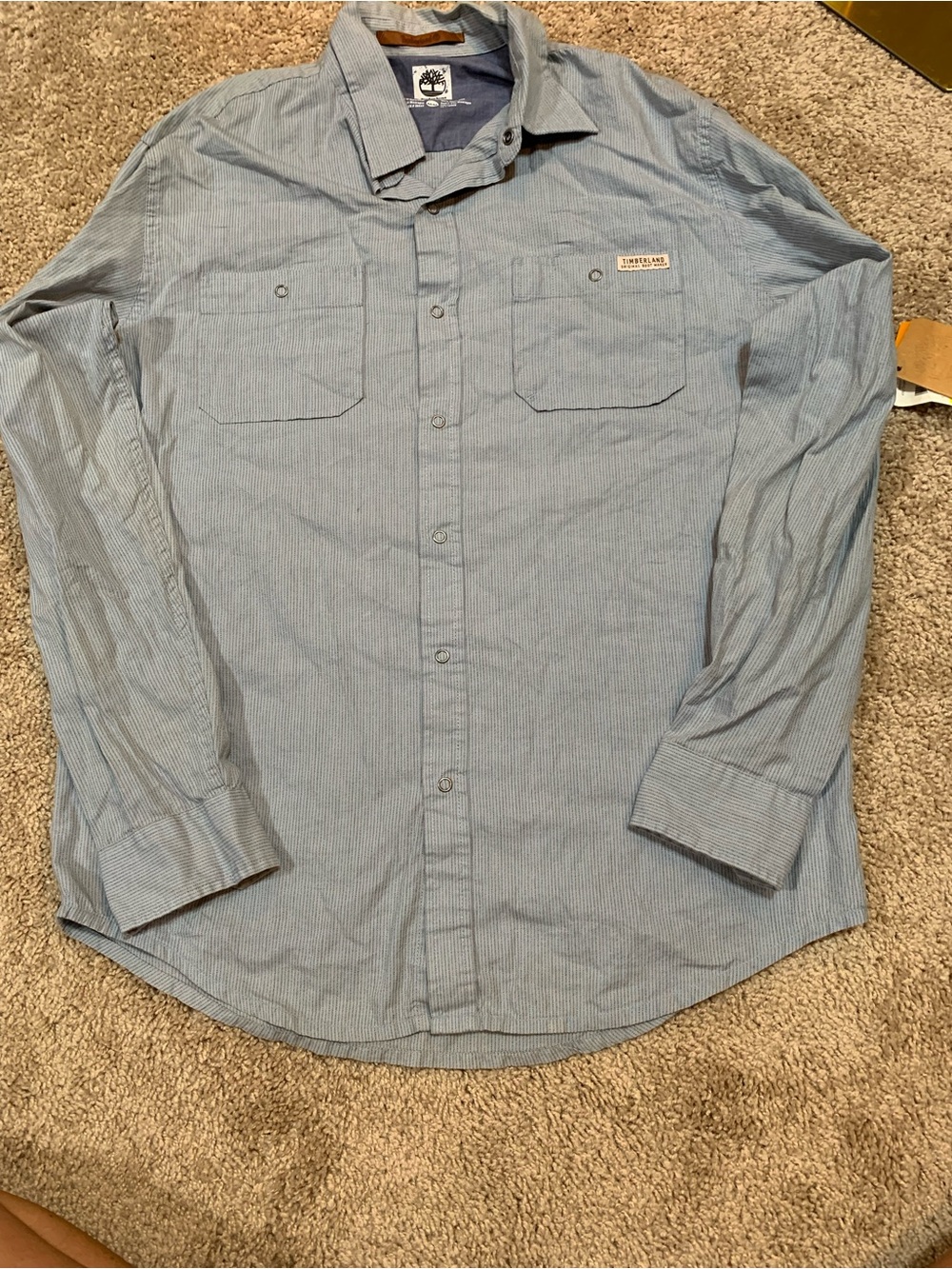Timberland Men’s Pale Blue Pinstripe Long-Sleeve Button-Down Shirt